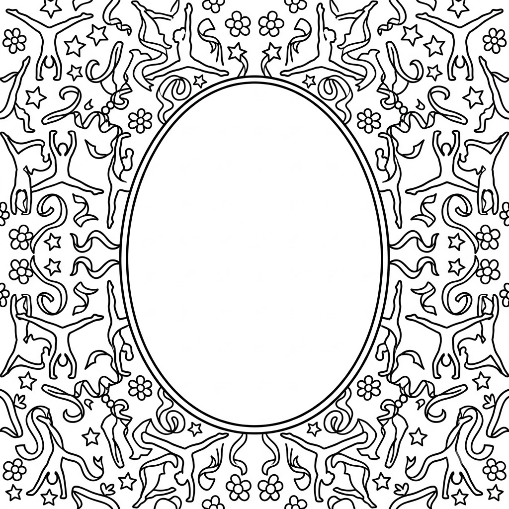 Gymnastics coloring page with a decorative pattern border of gymnastics silhouettes, stars, and ribbons.